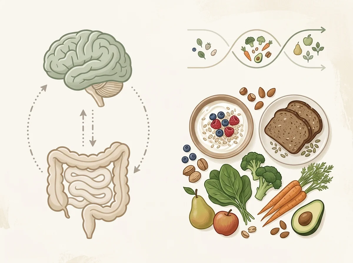 Bağırsak–beyin etkileşimini ve düşük FODMAP yaklaşımında geçici azaltma, yeniden ekleme ve kişiselleştirme aşamalarını temsil eden kavramsal beslenme illüstrasyonu