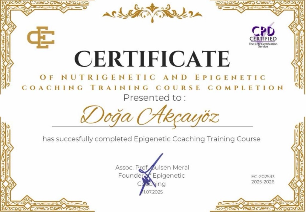 Certificate of Nutrigenetic and Epigenetic Coaching - Doğa Akçayöz