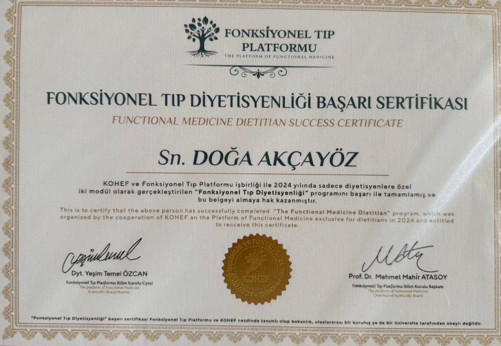 Fonksiyonel Tıp Diyetisyenliği Başarı Sertifikası - Doğa Akçayöz